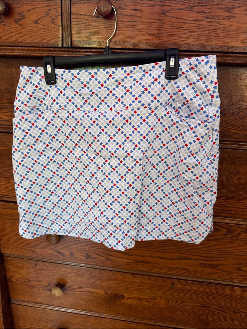 Women's Casual White Mini Skort with Red & Blue Star Print-perfectly patriotic!